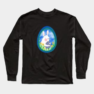 Cute white bunny with floral easter egg decoration on blue sky, version 2 Long Sleeve T-Shirt